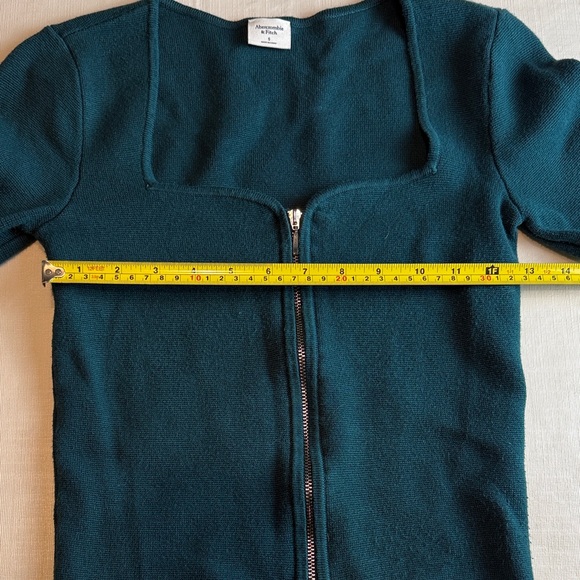 Abercrombie & Fitch Teal Ribbed Square Neck Knit Sweater Crop Front Zip Size S - Picture 7 of 12